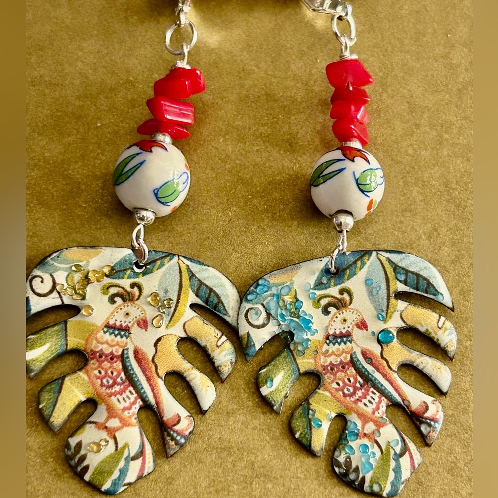 Earrings NWOT Artisan “Cockatiel, too” leaves Enamel Copper, ceramic beads 2.7” - Picture 1 of 14
